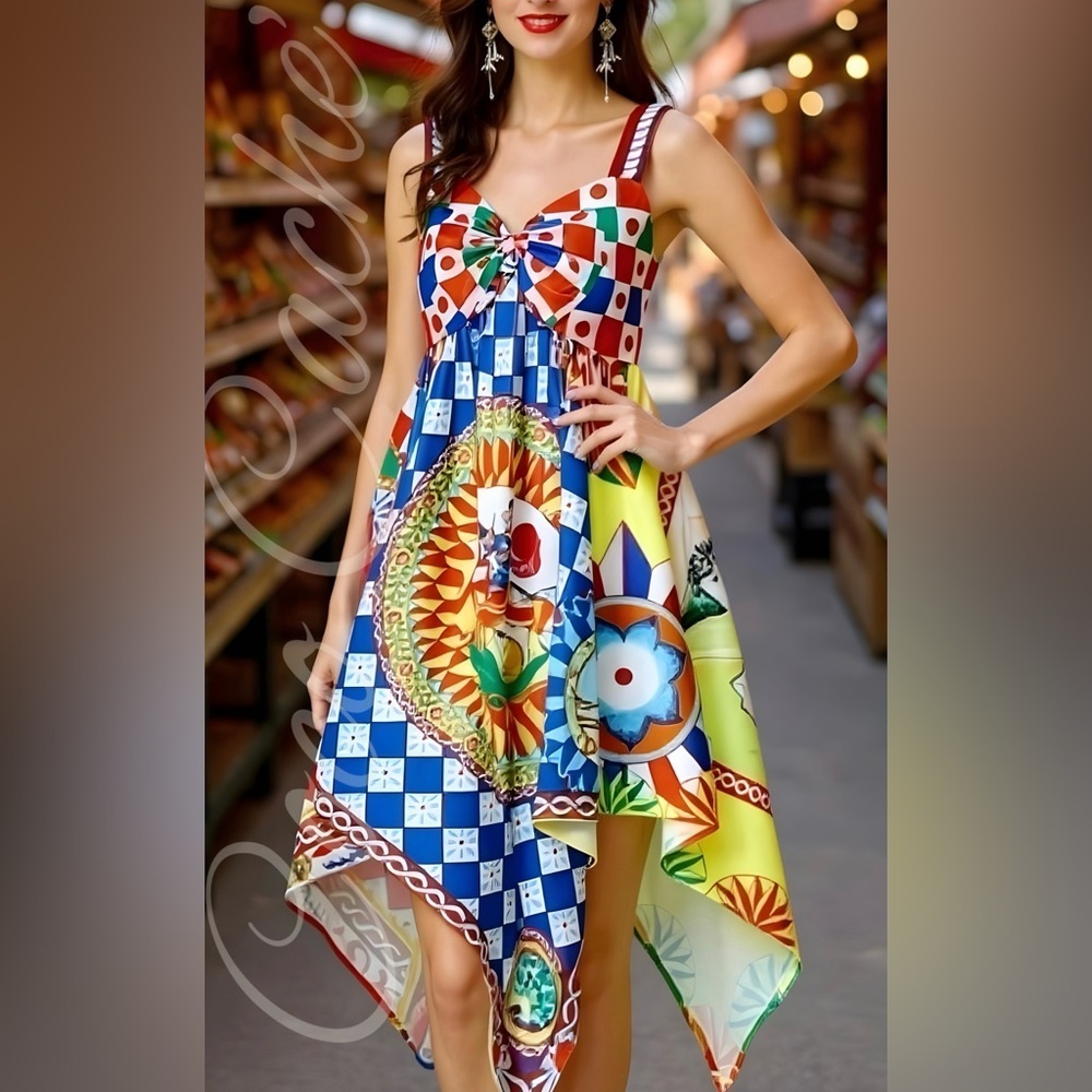 Classy Bright Fun Asymmetrical Hem Runway Midi Cami Babydoll Dress